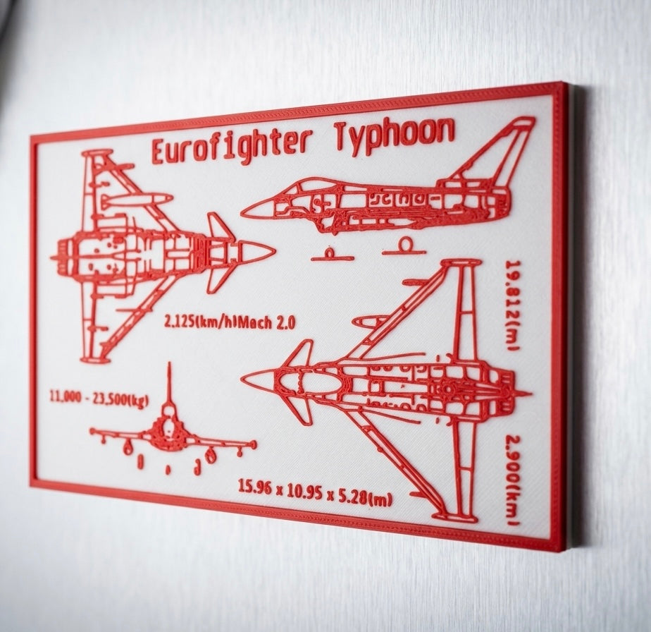 Eurofighter Typhoon Desktop Plaque – 3D Printed Aviation Blueprint Art