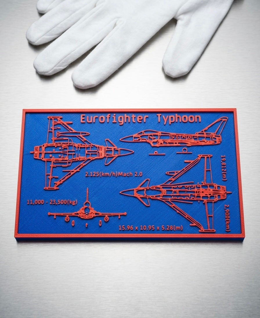 Eurofighter Typhoon Desktop Plaque – 3D Printed Aviation Blueprint Art